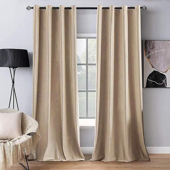 Velvet Camel Beige 2 Panels Blackout Curtains Grommet Thermal Insulated 52 x 96" - Picture 1 of 6